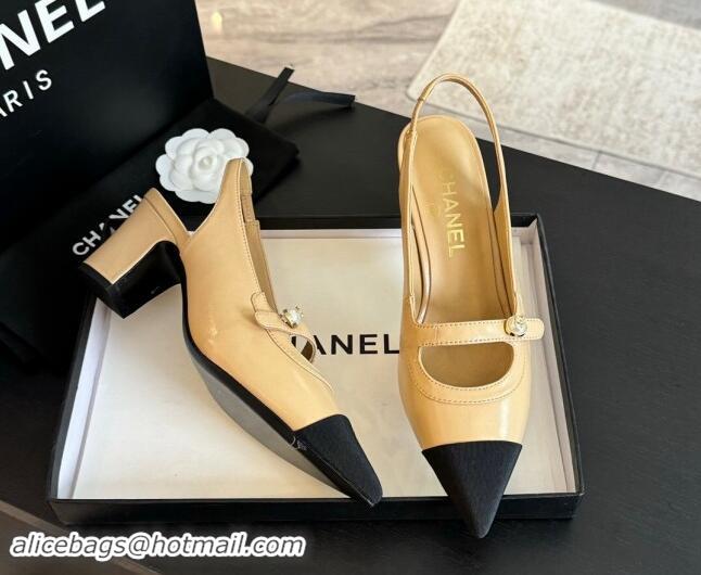 Most Popular Chanel Lambskin Slingback Pumps with Pearl Strap Beige 910083