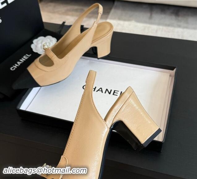 Most Popular Chanel Lambskin Slingback Pumps with Pearl Strap Beige 910083