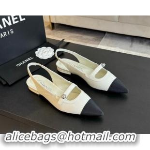 Good Quality Chanel Lambskin Slingback Flats Shoes with Pearl Strap White 910084