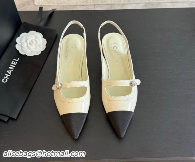 Good Quality Chanel Lambskin Slingback Flats Shoes with Pearl Strap White 910084