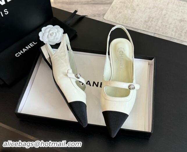 Good Quality Chanel Lambskin Slingback Flats Shoes with Pearl Strap White 910084