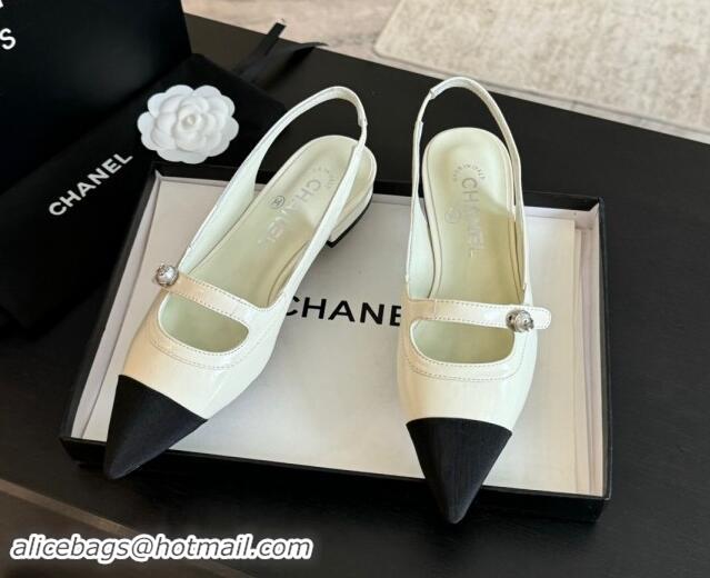 Good Quality Chanel Lambskin Slingback Flats Shoes with Pearl Strap White 910084