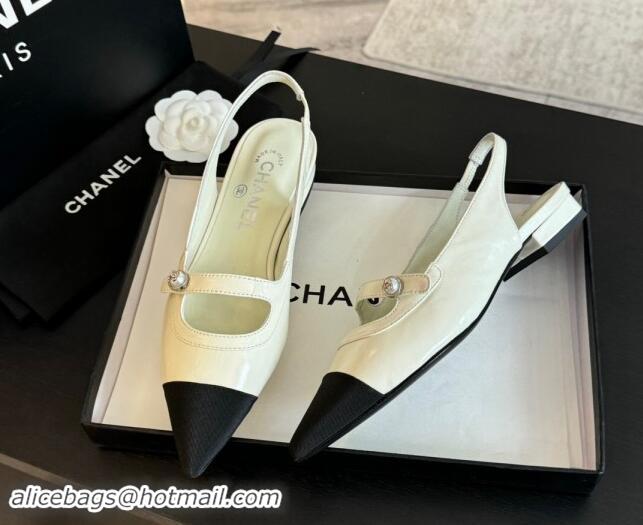 Good Quality Chanel Lambskin Slingback Flats Shoes with Pearl Strap White 910084