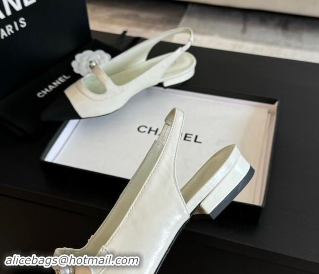 Good Quality Chanel Lambskin Slingback Flats Shoes with Pearl Strap White 910084