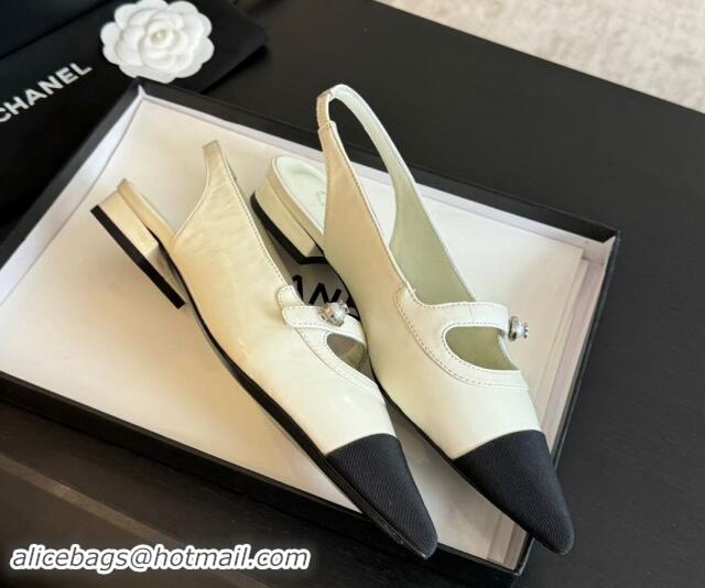 Good Quality Chanel Lambskin Slingback Flats Shoes with Pearl Strap White 910084