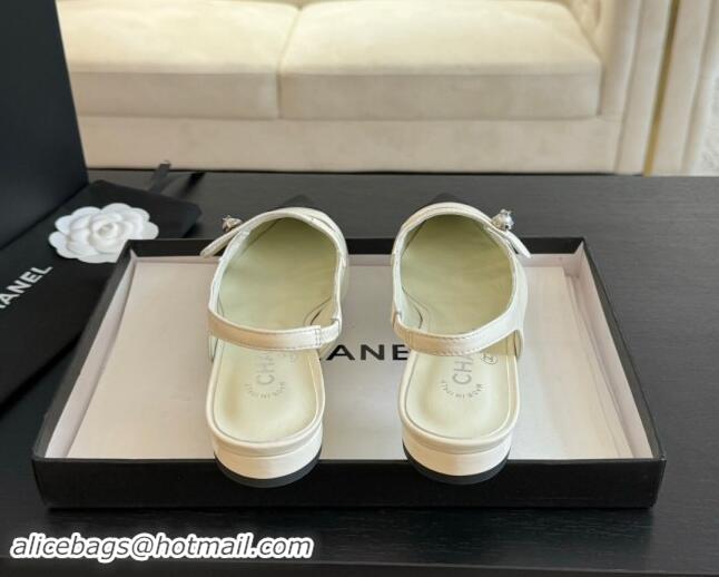 Good Quality Chanel Lambskin Slingback Flats Shoes with Pearl Strap White 910084