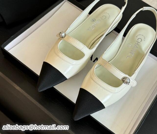 Good Quality Chanel Lambskin Slingback Flats Shoes with Pearl Strap White 910084