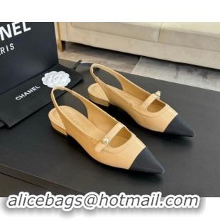 Good Product Chanel Lambskin Slingback Flats Shoes with Pearl Strap Beige 910085