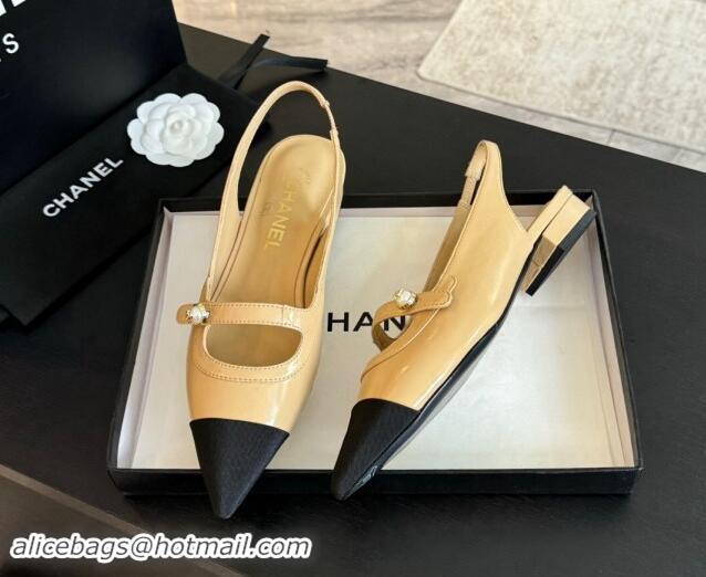 Good Product Chanel Lambskin Slingback Flats Shoes with Pearl Strap Beige 910085