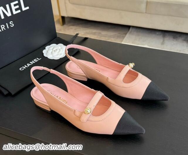 Good Product Chanel Lambskin Slingback Flats Shoes with Pearl Strap Beige 910085