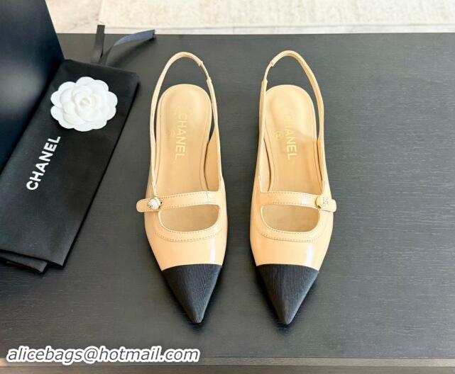 Good Product Chanel Lambskin Slingback Flats Shoes with Pearl Strap Beige 910085