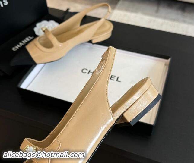 Good Product Chanel Lambskin Slingback Flats Shoes with Pearl Strap Beige 910085