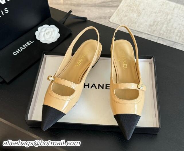 Good Product Chanel Lambskin Slingback Flats Shoes with Pearl Strap Beige 910085