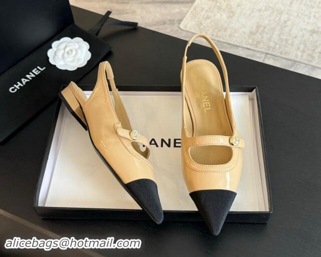 Good Product Chanel Lambskin Slingback Flats Shoes with Pearl Strap Beige 910085