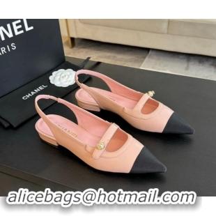 Buy Discount Chanel Lambskin Slingback Flats Shoes with Pearl Strap Pink 910086