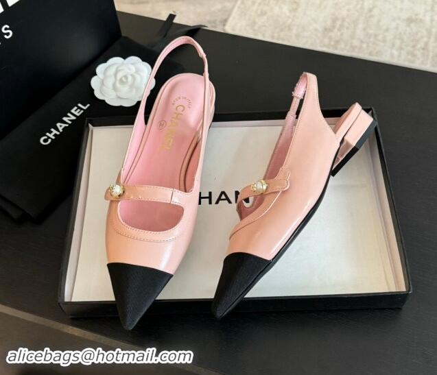 Buy Discount Chanel Lambskin Slingback Flats Shoes with Pearl Strap Pink 910086