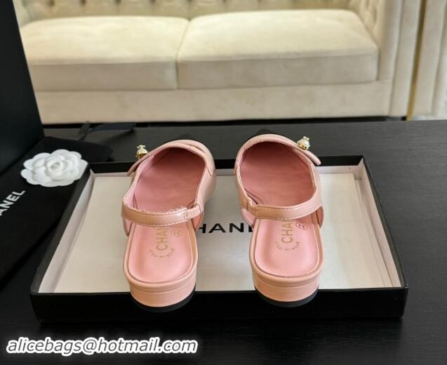 Buy Discount Chanel Lambskin Slingback Flats Shoes with Pearl Strap Pink 910086