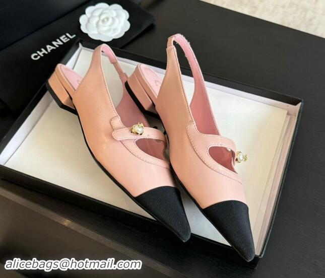 Buy Discount Chanel Lambskin Slingback Flats Shoes with Pearl Strap Pink 910086