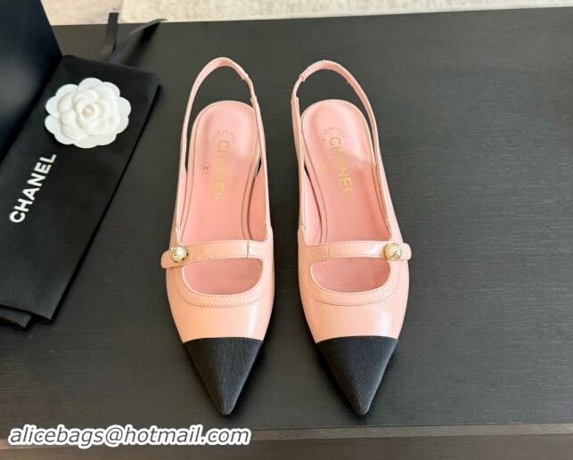 Buy Discount Chanel Lambskin Slingback Flats Shoes with Pearl Strap Pink 910086