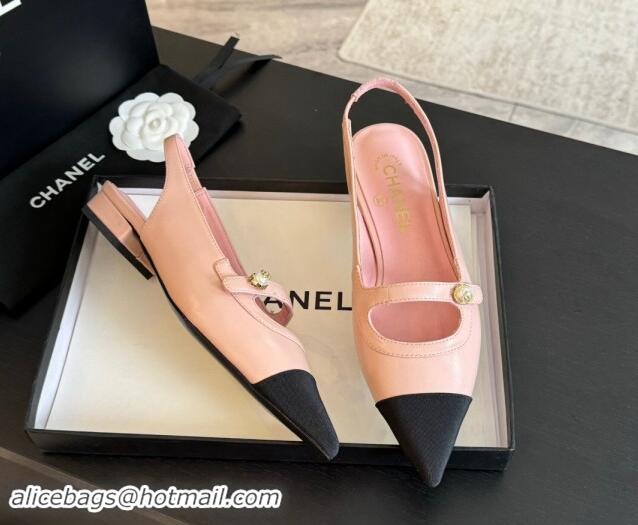 Buy Discount Chanel Lambskin Slingback Flats Shoes with Pearl Strap Pink 910086