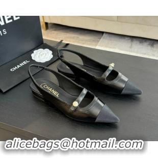 Best Product Chanel Lambskin Slingback Flats Shoes with Pearl Strap Black 910087