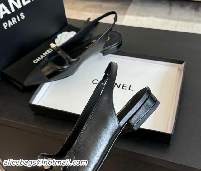 Best Product Chanel Lambskin Slingback Flats Shoes with Pearl Strap Black 910087