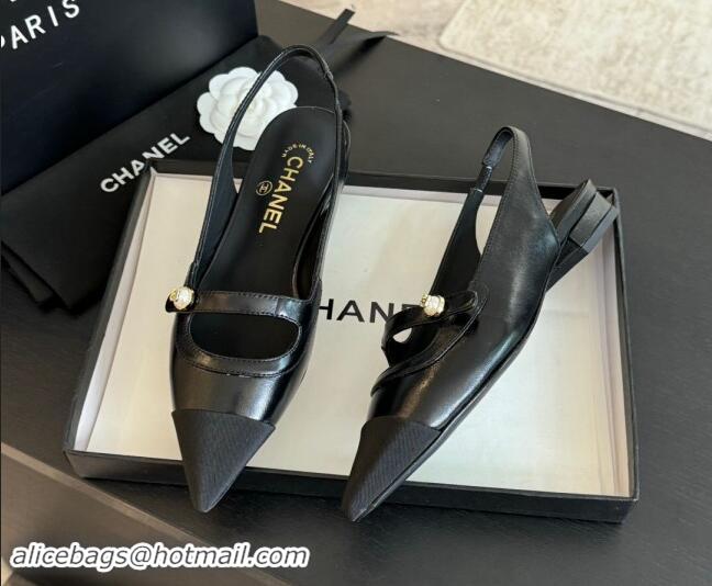 Best Product Chanel Lambskin Slingback Flats Shoes with Pearl Strap Black 910087