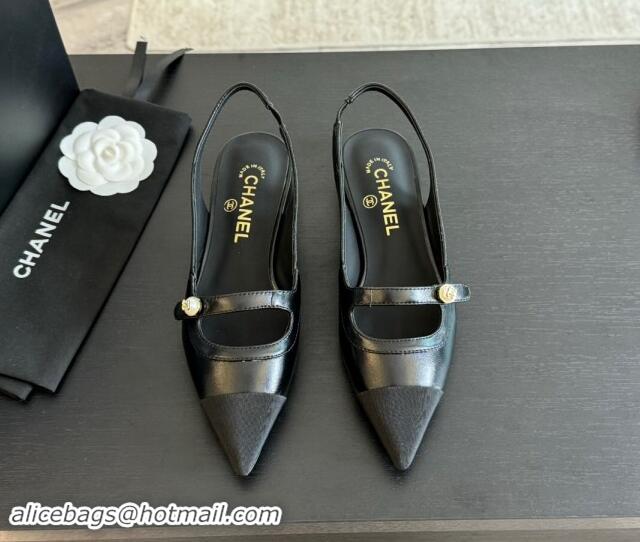 Best Product Chanel Lambskin Slingback Flats Shoes with Pearl Strap Black 910087