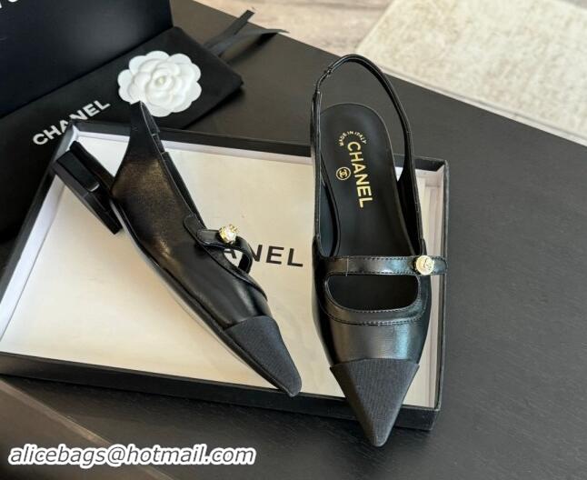 Best Product Chanel Lambskin Slingback Flats Shoes with Pearl Strap Black 910087