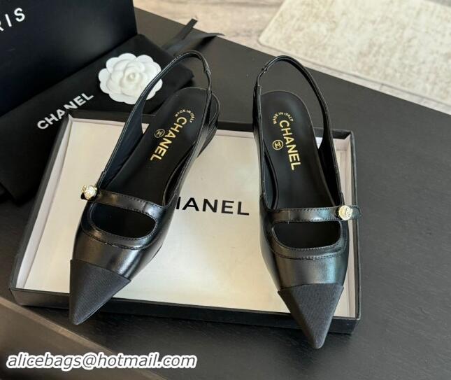 Best Product Chanel Lambskin Slingback Flats Shoes with Pearl Strap Black 910087