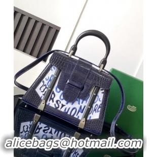 Top Quality Goyard Saigon PM Top Handle Bag in Embroidery and Crocodile Embossed Leather 020186 Navy Blue 2024