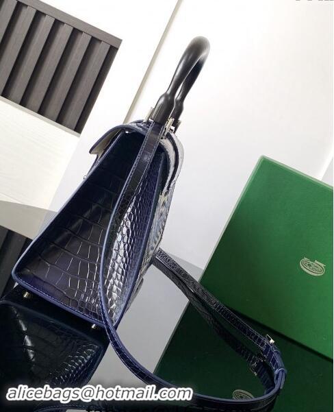 Top Quality Goyard Saigon PM Top Handle Bag in Embroidery and Crocodile Embossed Leather 020186 Navy Blue 2024