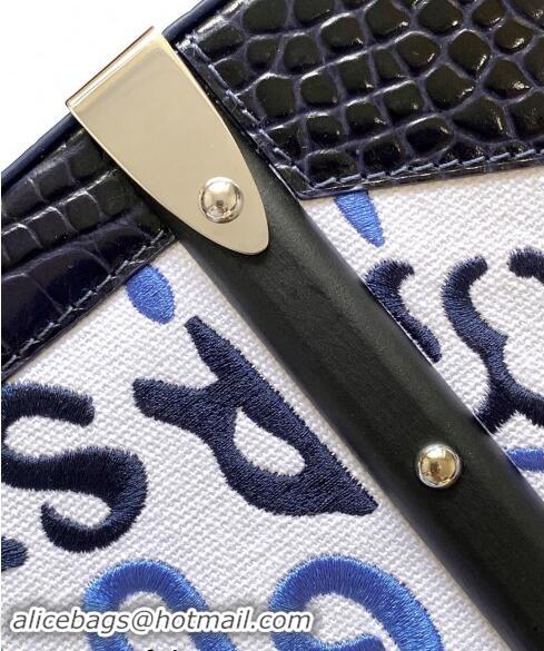 Top Quality Goyard Saigon PM Top Handle Bag in Embroidery and Crocodile Embossed Leather 020186 Navy Blue 2024