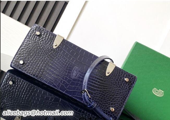 Top Quality Goyard Saigon PM Top Handle Bag in Embroidery and Crocodile Embossed Leather 020186 Navy Blue 2024