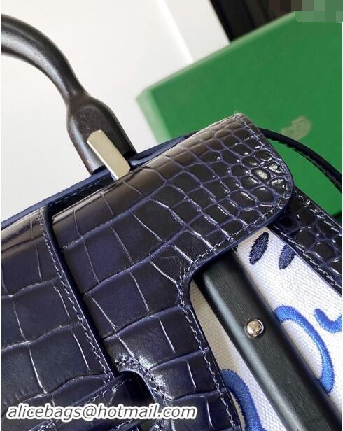 Top Quality Goyard Saigon PM Top Handle Bag in Embroidery and Crocodile Embossed Leather 020186 Navy Blue 2024