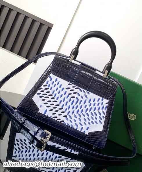 Top Quality Goyard Saigon PM Top Handle Bag in Embroidery and Crocodile Embossed Leather 020186 Navy Blue 2024