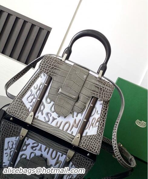 Promotional Goyard Saigon PM Top Handle Bag in Embroidery and Crocodile Embossed Leather 020186 Grey 2024