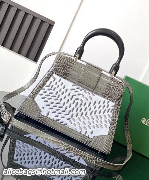 Promotional Goyard Saigon PM Top Handle Bag in Embroidery and Crocodile Embossed Leather 020186 Grey 2024