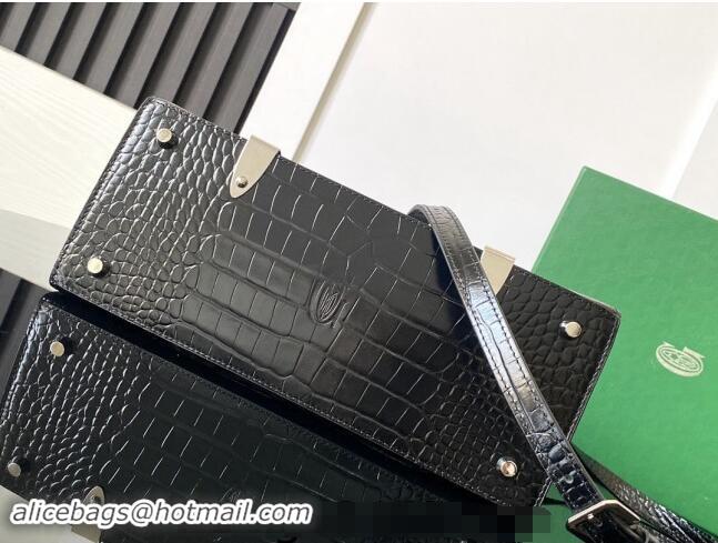 Best Price Goyard Saigon PM Top Handle Bag in Embroidery and Crocodile Embossed Leather 020186 Black 2024