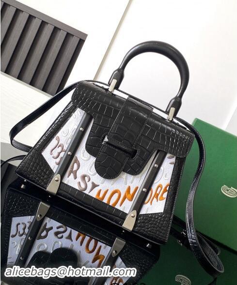 Best Price Goyard Saigon PM Top Handle Bag in Embroidery and Crocodile Embossed Leather 020186 Black 2024