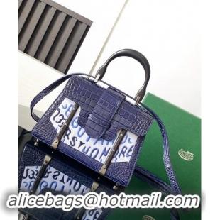 Discount Goyard Saigon Mini Top Handle Bag in Embroidery and Crocodile Embossed Leather 020173 Navy Blue 2024