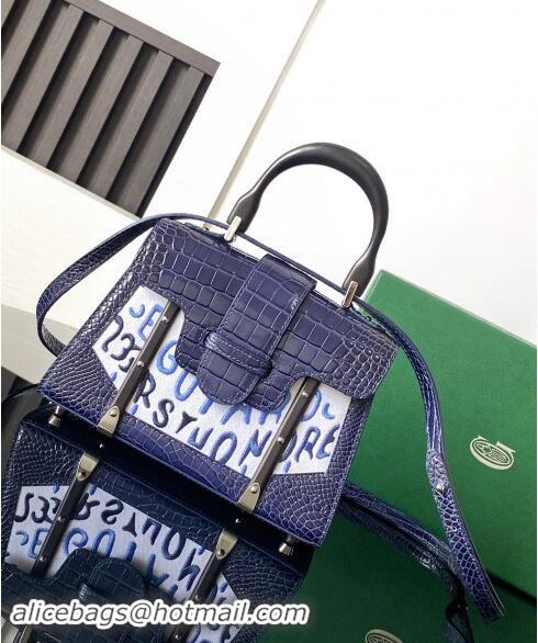 Discount Goyard Saigon Mini Top Handle Bag in Embroidery and Crocodile Embossed Leather 020173 Navy Blue 2024