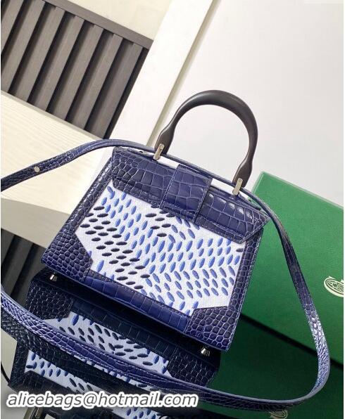 Discount Goyard Saigon Mini Top Handle Bag in Embroidery and Crocodile Embossed Leather 020173 Navy Blue 2024