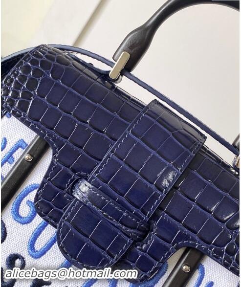 Discount Goyard Saigon Mini Top Handle Bag in Embroidery and Crocodile Embossed Leather 020173 Navy Blue 2024