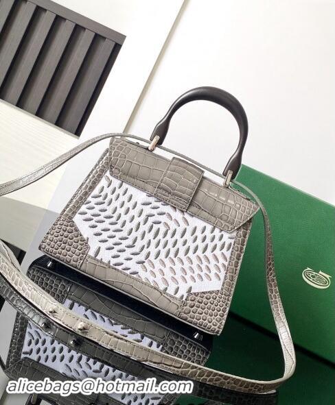 Well Crafted Goyard Saigon Mini Top Handle Bag in Embroidery and Crocodile Embossed Leather 020173 Grey 2024