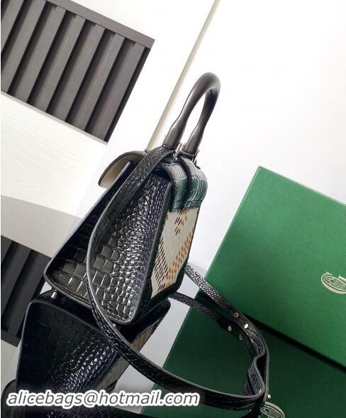 Top Grade Goyard Saigon Mini Top Handle Bag in Embroidery and Crocodile Embossed Leather 020173 Black 2024