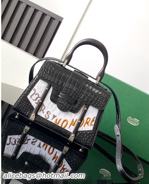 Top Grade Goyard Saigon Mini Top Handle Bag in Embroidery and Crocodile Embossed Leather 020173 Black 2024