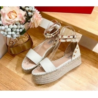 Pretty Style Valentino Rockstud Grainy Calfskin Platform Espadrille Sandals White 725019