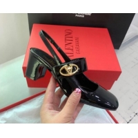 Hot Style Valentino VLogo Locker Mary-Janes Slingback Pumps 6cm in Patent Leather Black 725030