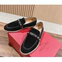 Grade Quality Valentino Leisure Flows Rockstud Loafers in Suede Black 812132